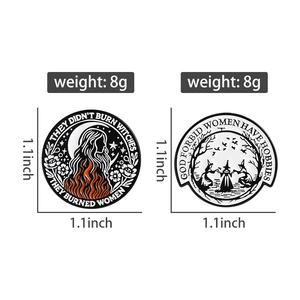 Detail of witch enamel pins featuring feminist slogans and artistic vintage designs