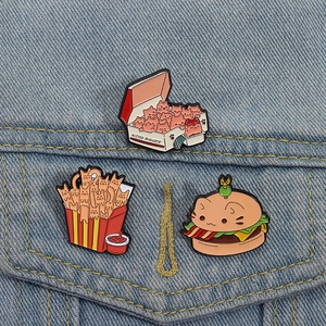 Creative fast food cat enamel pins featuring kitten nuggets and burger on denim