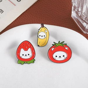 Cute cartoon fruit cat enamel pins set featuring strawberry banana and tomato kitty designs