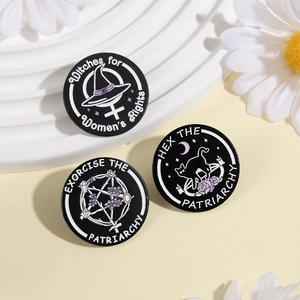 Creative feminist enamel pins set with witch themes on white wave display stand