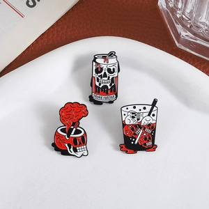 Set of 3 creative Halloween beverage skull enamel pins with Drunk Forever design