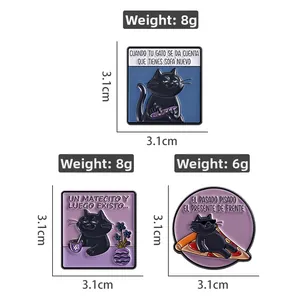 Detailed view of creative black cat enamel pins featuring quirky Spanish quotes and fun illustrations