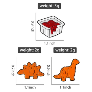 Detailed dimensions and weight of dinosaur nugget pins and tomato sauce enamel badge