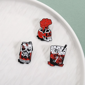 Three-piece dark punk skull pins set with Drunk Forever soda can and skull glass cup