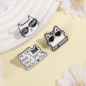 Enamel cat pins set with Cat Mom Cat Daddy and humorous quote on white decorative plate