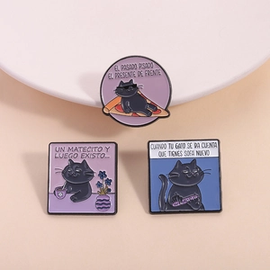 Funny black cat enamel pins set featuring pizza, tea, and sofa scratching illustrations