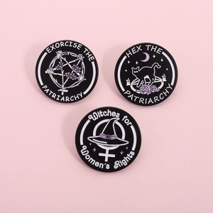 Feminist Enamel Pin Witch Hat Black Cat Pentagram Pattern Round Brooch For Women Men Clothing Backpack Accessory Jewelry