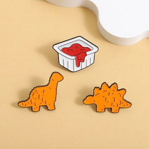 Three-piece set of cartoon Dino Nuggets enamel brooches and sauce box pins for clothing