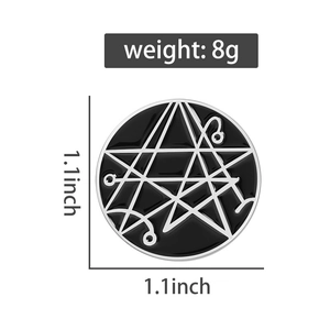 Detail of a black geometric star enamel pin showing 1.1-inch dimensions and 8g weight