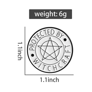 Detail showing white enamel star brooch with Protected By Witchcraft text and dimensions