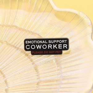 Funny black rectangle enamel pin featuring Emotional Support Coworker text on a tray
