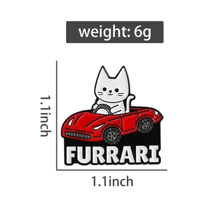 Detail of creative Furrari cat enamel pin with dimensions 1.1x1.1 inches and 6g weight