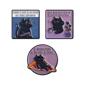 Set of three creative black cat enamel pins featuring fun Spanish quotes and illustrations