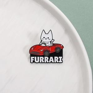 Funny Furrari cat driving a red race car enamel pin badge for cartoon lovers