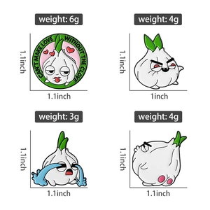 Detail view of cartoon garlic enamel pins with size measurements and funny expressions