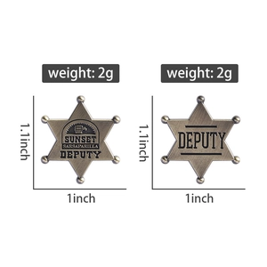 Macro detail of Sunset Sarsaparilla Deputy star badges with dimensions and weight info