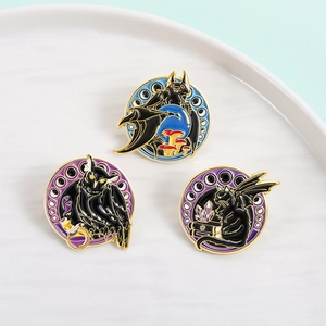 Cute gothic enamel pins set featuring cartoon bat owl and black cat motifs with gold plating