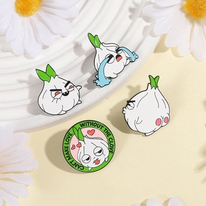 Funny cartoon garlic enamel pin set with cute expressions on a white floral background