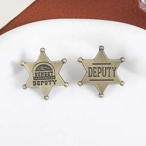 Retro hex star Deputy badges in antique bronze finish on vintage leather background