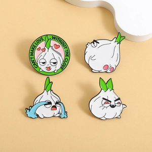 Funny cartoon garlic enamel brooch set with various facial expressions and humor text