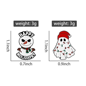 Detail view of enamel pins featuring a holiday snowman and a festive ghost with colorful lights