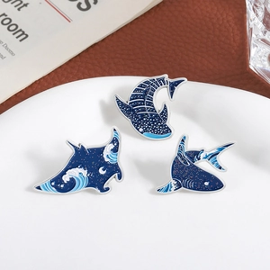 Cute ocean whale and shark enamel pin set with blue waves and silver metal trim