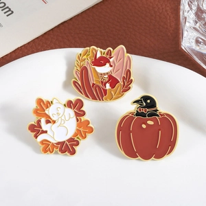 Autumn enamel brooches set with fox, cat, pumpkin and crow for vintage clothing decor