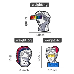 Detailed size and weight specs for artistic David bust enamel pins with pop art patterns