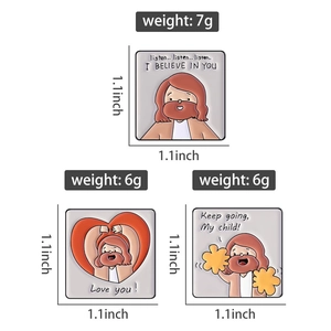 Detailed specs for Jesus square pins measuring 1.1x1.1 inches with weight 6-7g