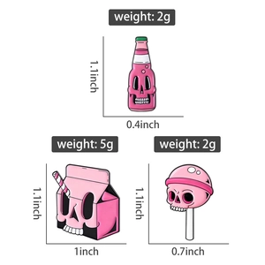Size chart for pink skull enamel pins showing dimensions in inches and weights in grams