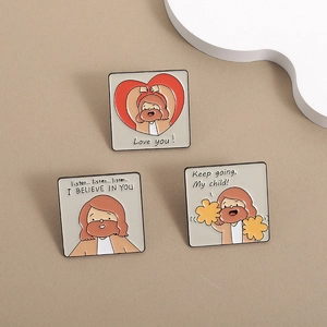 Set of 3 square enamel pins featuring inspirational Jesus cartoon characters and uplifting quotes