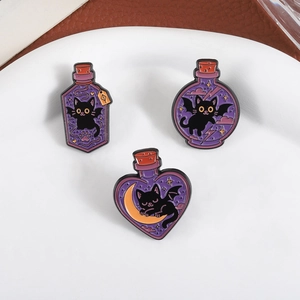 Three-piece fantasy potion bottle enamel pin set with winged black cats and purple crystal