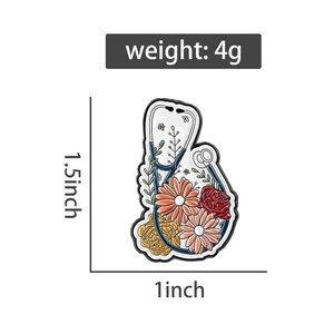 Detailed size chart for the stethoscope enamel pin showing weight 4g and 1.5-inch height