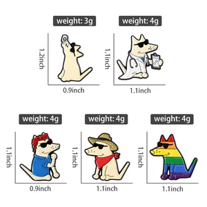 Detailed size chart for cartoon dog enamel pins showing height and weight specifications