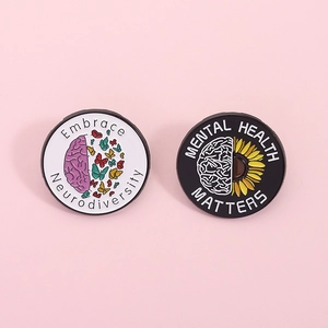Épinglette Créative en Émail pour la Santé Mentale Neurodiversité Cerveau Tournesol Papillon en Alliage de Zinc Badge Rond