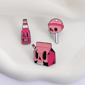 Pink skull themed enamel pin set with soda bottle lollipop and milk carton designs