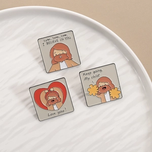 Set of 3 geometric square enamel pins with cartoon figures and inspirational quotes
