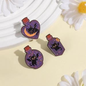 Purple Halloween enamel pin set with black cat potion bottles and moon bat wings