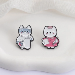 Cute cartoon doctor and nurse cat enamel pins set for professional clothing and accessories
