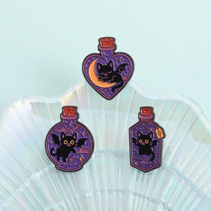 Three-piece set of purple potion bottles with black cats and bat wings enamel pins