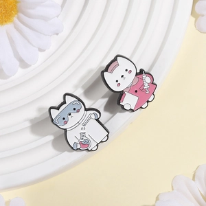Cute enamel pins featuring a scientist cat with flask and nurse cat with syringe set