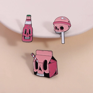Pink Gothic Skull Drink Enamel Pin Set Zinc Alloy Soda Bottle Lollipop Milk Box Creepy Cute Brooch Badge For Clothing Decor