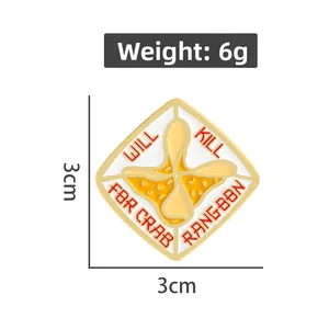 Enamel pin of Crab Rangoon with 'Will Kill For Crab Rangoon' text, measuring 3x3cm and 6g