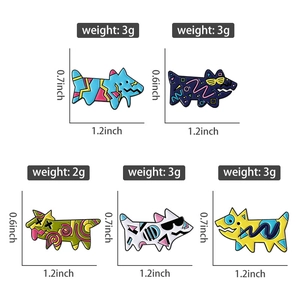 Detailed view showing dimensions and weight of 5 cartoon dog enamel pins with pop art patterns
