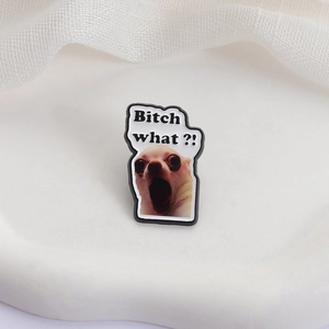 Funny Bitch What Chihuahua Meme Enamel Pin Badge with Expressive Dog and Text