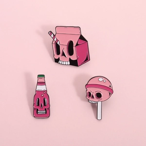 Creepy Cute Pink Skull Juice Box Soda Lollipop Enamel Brooch Pins Zinc Alloy Cartoon Food Badges For Bags Clothes Unisex