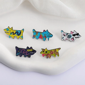 Set of 5 colorful pop art dog enamel pins with geometric patterns and metal edges