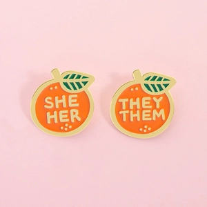Creative Orange Shape Enamel Pin Gender Pronouns Brooch Zinc Alloy Badge For Clothing Bag Accessories Unisex Identity Jewelry