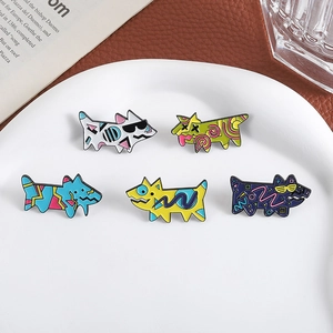 Pop art animal enamel pins set featuring colorful abstract dog designs on a white plate