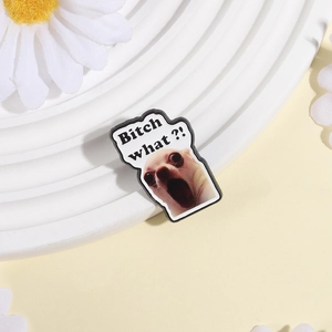 Funny enamel pin featuring a surprised Chihuahua with Bitch what text on a white pedestal